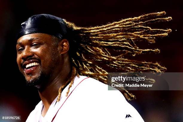 Hanley Ramirez of the Boston Red Sox celebrates after hitting the game winning home run during the fifteenth inning against the Toronto Blue Jays at...