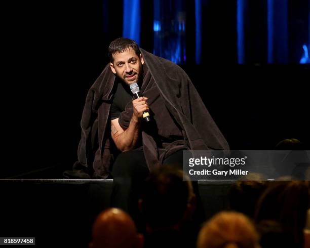 David Blaine speaks to the crowd after holding his breath underwater for over ten minutes at ACL Live on July 18, 2017 in Austin, Texas.