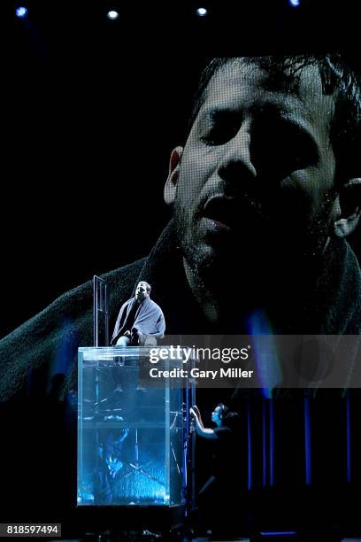 David Blaine speaks to the crowd after holding his breath underwater for over ten minutes at ACL Live on July 18, 2017 in Austin, Texas.