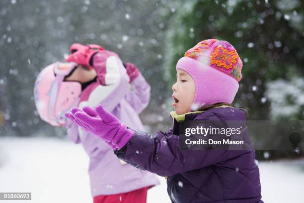 asian sisters playing in snow - contea di whatcom foto e immagini stock