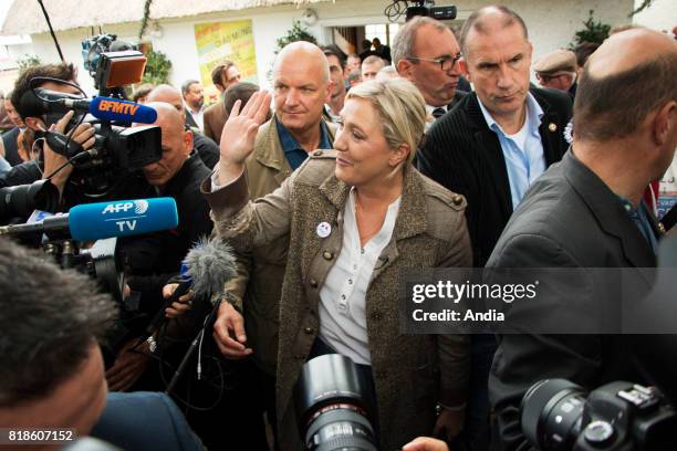 Rennes , on . Working visit of Marine Le Pen to the professional agricultural show SPACE 2015. Marine Le Pen greeting the crowd in the middle of...