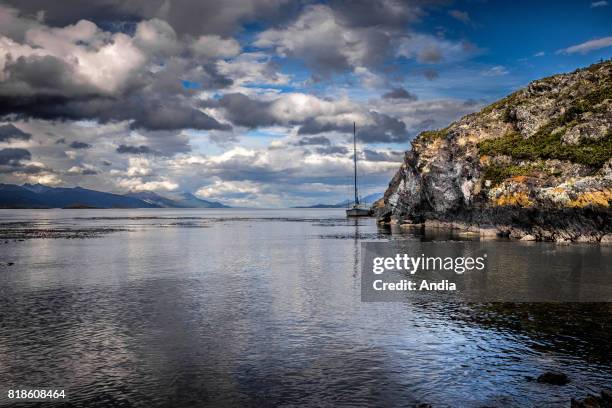 Argentina, Tierra del Fuego, Beagle Channel. Sailboat docking in the port of the H Island, in the middle of the Beagle Channel, facing Ushuaia.