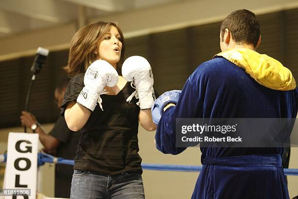 Junior Middleweight Boxing: WBC champion Oscar De La Hoya with wife Millie Corretjer during workout for Floyd Mayweather Jr, fight at Wilfredo Gomez...