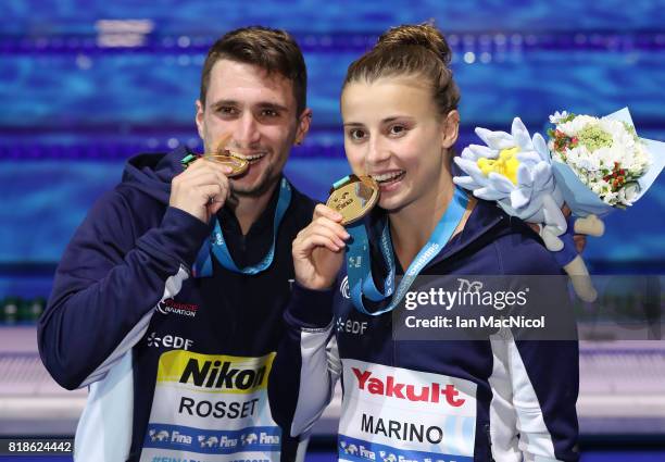 Gold medalists Laura Marino and Mattieu Rosset of France pose with the medals won during the Mixed Diving Team final on day five of the Budapest 2017...