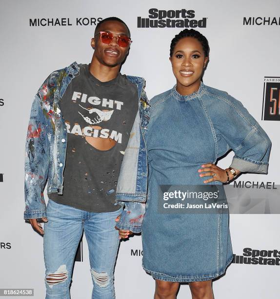 Player Russell Westbrook and wife Nina Earl attend the Sports Illustrated Fashionable 50 event at Avenue on July 18, 2017 in Los Angeles, California.