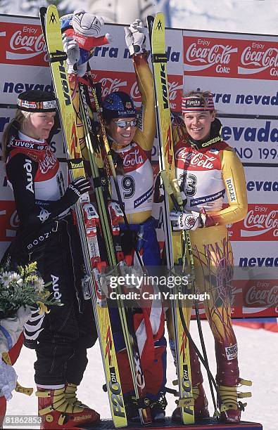 Alpine Skiing: World Championships, DEU Katja Seizinger, USA Picabo Street, and USA Hilary Lindh victorious after winning race, Sierra Nevada, ESP...