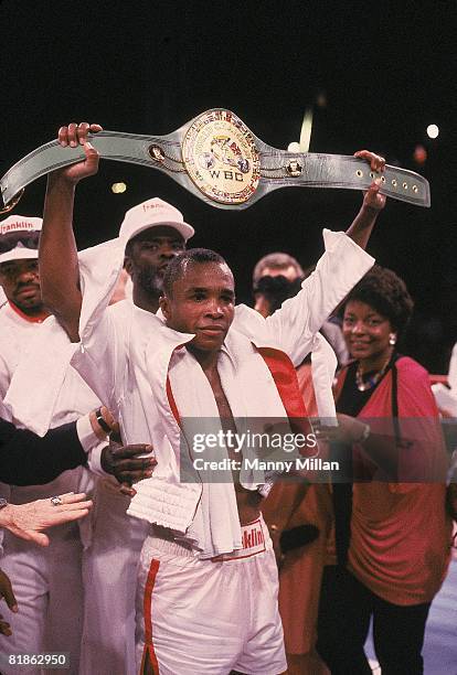 Boxing: WBC Middleweight Title, Sugar Ray Leonard victorious with belt after winning fight vs Marvin Hagler at Caesars Palace, Las Vegas, NV 4/6/1987