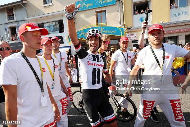 Michael Matthews of Australia riding for Team Sunweb celebrates after winning stage 16 of the 2017 Le Tour de France, a 165km stage from Le...