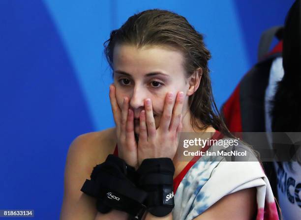 Gold medalists Laura Marino reacts during the Mixed Diving Team final on day five of the Budapest 2017 FINA World Championships on July 18, 2017 in...