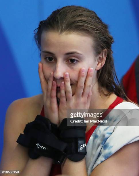 Gold medalists Laura Marino reacts during the Mixed Diving Team final on day five of the Budapest 2017 FINA World Championships on July 18, 2017 in...