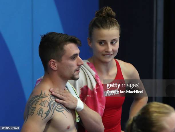 Gold medalists Laura Marino and Mattieu Rosset of France react during the Mixed Diving Team final on day five of the Budapest 2017 FINA World...