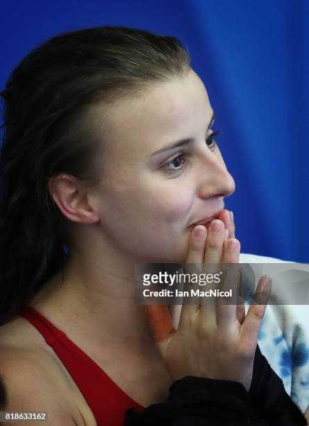 Gold medalists Laura Marino reacts during the Mixed Diving Team final on day five of the Budapest 2017 FINA World Championships on July 18, 2017 in...