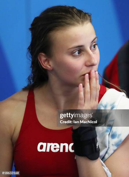 Gold medalists Laura Marino reacts during the Mixed Diving Team final on day five of the Budapest 2017 FINA World Championships on July 18, 2017 in...