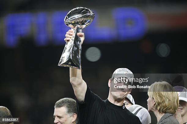 Football: Super Bowl XL, Closeup of Pittsburgh Steelers coach Bill Cowher victorious with trophy after winning game vs Seattle Seahawks, Detroit, MI...