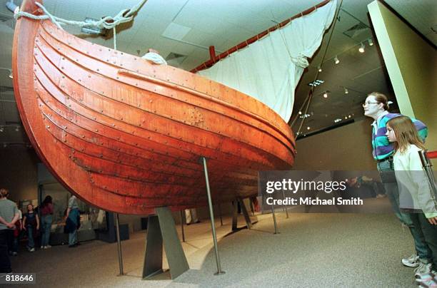 Mary Vasquez and her daughter Jenney look at a 40-foot-long representation of a Viking merchant ship March 27, 2001 at the Denver Museum of Nature...