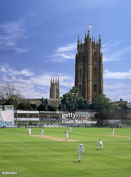 somerset cricket ground and st mary's church - century cricket stock pictures, royalty-free photos & images