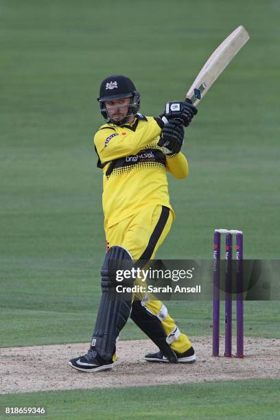 Jack Taylor of Gloucestershire hits out during the NatWest T20 Blast South Group match at The Spitfire Ground on July 18, 2017 in Canterbury,...