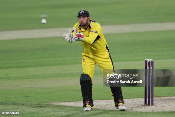 Phil Mustard of Gloucestershire gathers the ball during the NatWest T20 Blast South Group match at The Spitfire Ground on July 18, 2017 in...