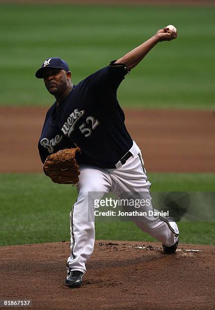 Sabathia of the Milwaukee Brewers delivers the ball against the Colorado Rockies in his first start since being traded by the Cleveland Indians at...