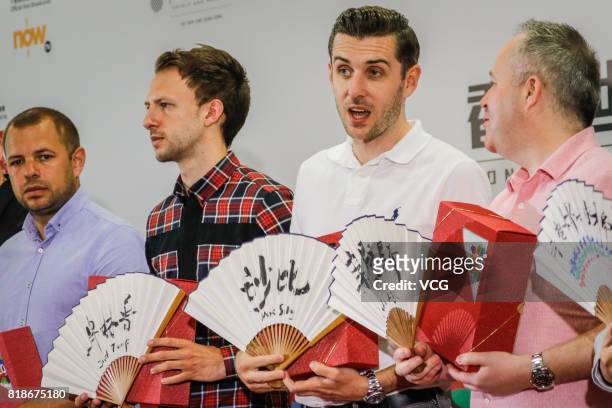 Barry Hawkins, Judd Trump, Mark Selby, John Higgins attend a press conference of 2017 Hong Kong Masters at Queen Elizabeth Stadium on July 19, 2017...