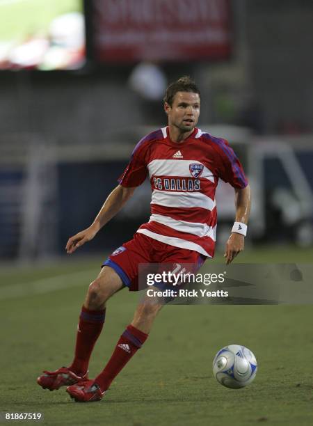 Drew Moor of the FC Dallas dribbles the ball down field during the match against the Charleston Battery July 8, 2008 at Pizza Hut Park in Frisco...