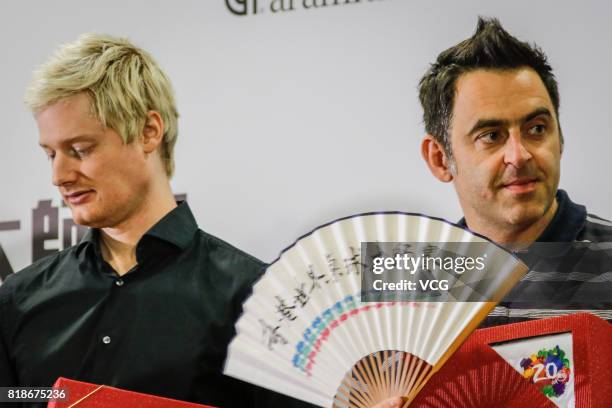 Neil Robertson, Ronnie O'Sullivan attend a press conference of 2017 Hong Kong Masters at Queen Elizabeth Stadium on July 19, 2017 in Hong Kong, China.