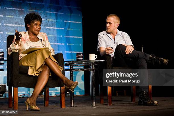 Senior Fellow Betty Bigombe of the United States Institute of Peace talks with actor Ryan Gosling during a discussion on genocide and crimes against...