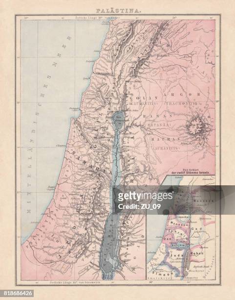 stockillustraties, clipart, cartoons en iconen met historische kaart van palestina met de twaalf stammen van israël - galilea