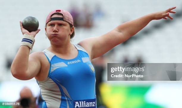 Anastasia Mysnyk of Ukrine compete Women's Women's Shot Put T20 Final during IPC World Para Athletics Championships at London Stadium in London on...