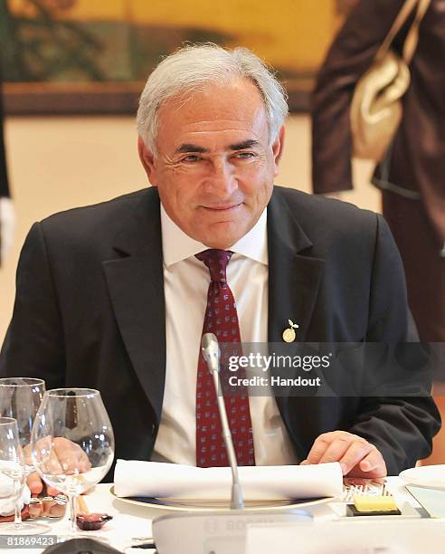 In this handout image provided by Summit Photo Japan, IMF Managing Director Dominique Strauss-Kahn attends the Outreach Working Lunch on July 9, 2008...