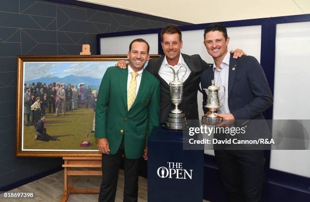 The Masters Champion Sergio Garcia of Spain poses with 2016 Open Champion Henrik Stenson of Sweden and Olympic Gold medallist and 2013 US Open...