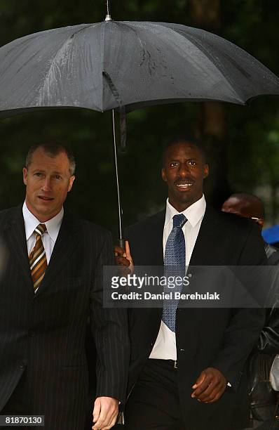British sprinter Dwain Chambers arrives at the High Court on July 9, 2008 in central London, England. The British Olympic Association confirmed that...