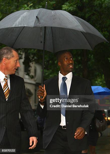 British sprinter Dwain Chambers arrives at the High Court on July 9, 2008 in central London, England. The British Olympic Association confirmed that...