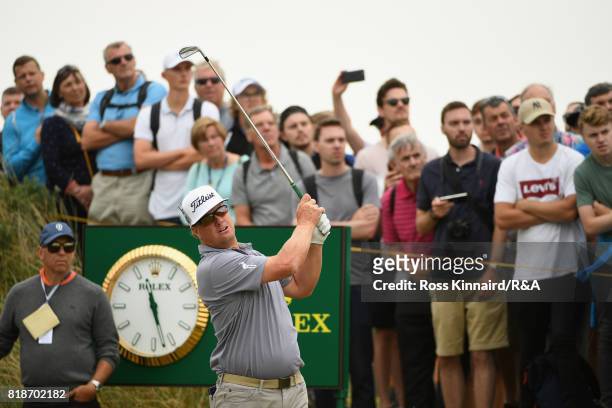 Charley Hoffman of the United States tees off during a practice round prior to the 146th Open Championship at Royal Birkdale on July 19, 2017 in...