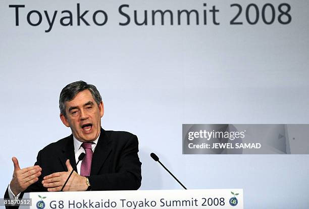 British Prime Minister Gordon Brown answers a question during a press conference after G8 summit in Rusutsu on July 9, 2008 on the Hokkaido island....