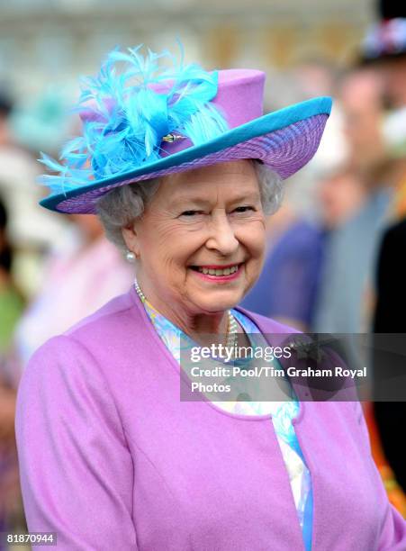 Queen Elizabeth II hosts a garden party in the grounds of Buckingham Palace on July 8, 2008 in London, England.