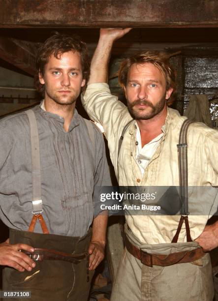 Actor Thomas Kretschmann and actor Florian Stetter pose during a photocall for his latest movie "Der Seewolf" on July 9, 2008 in Berlin, Germany.