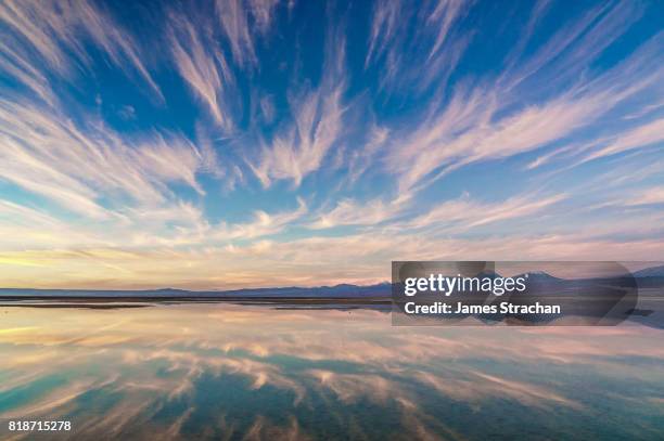 pink sunset over and reflected in laguna chaxa, atacama salt flats, with snow-capped volcanoes in thebackground, near san pedro de atacama, chile - cirrus stock pictures, royalty-free photos & images