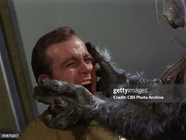 The M-113 Creature attacks Captain James T. Kirk, played by Canadian actor William Shatner, in a scene from 'The Man Trap,' the premiere episode of...