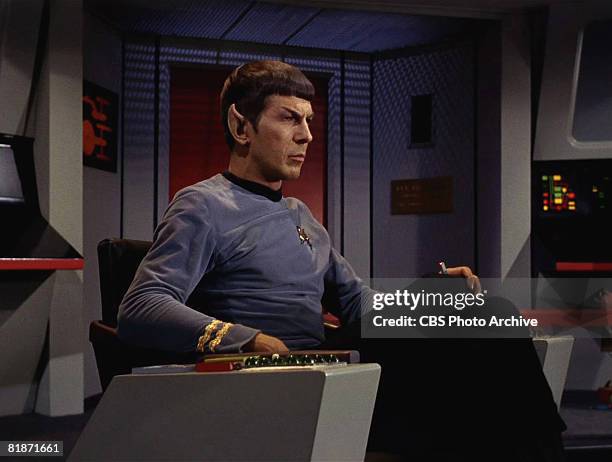 American actor Leonard Nimoy appears as Mr. Spock in a scene from 'The Man Trap,' the premiere episode of 'Star Trek,' which aired on September 8,...