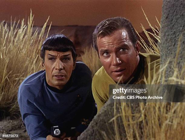 American actor Leonard Nimoy as Mr. Spock and Canadian actor William Shatner as Captain James T. Kirk appear in a scene from 'The Man Trap,' the...