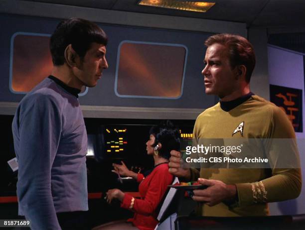American actor Leonard Nimoy as Mr. Spock and Canadian actor William Shatner as Captain James T. Kirk appear in a scene from 'The Man Trap,' the...