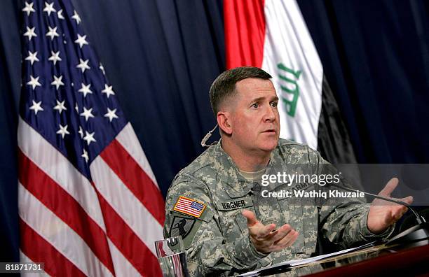 Maj. Gen. Kevin J. Bergner , Spokesman, Multi-National Force Iraq speaks to the media during a press confernece with Rear Adm. Kathleen M. Dussault ,...