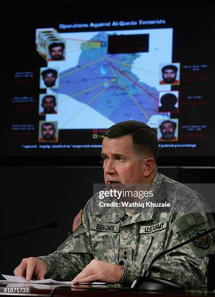 Maj. Gen. Kevin J. Bergner, Spokesman, Multi-National Force Iraq speaks to the media during a press confernece with Rear Adm. Kathleen M. Dussault ,...