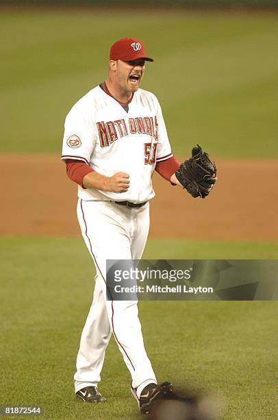Jon Rauch of the Washington Nationals celebrates a win after a baseball game against the Baltimore Orioles on June 27, 2008 at Nationals Park in...