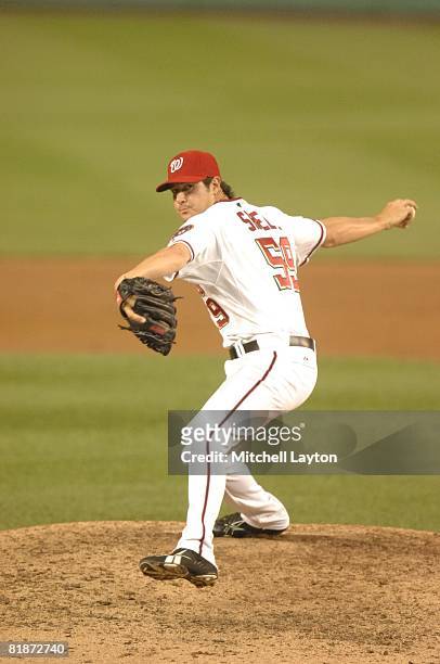 Steven Shell of the Washington Nationals pitches during a baseball game against the Baltimore Orioles on June 27, 2008 at Nationals Park in...