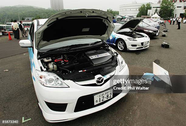 Selection of electric and biofuel cars on display outside the International Media Centre July 09, 2008 in Rusutsu, Hokkaido, Japan. During this 3-day...