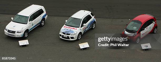 Selection of electric and biofuel cars on display outside the International Media Centre July 09, 2008 in Rusutsu, Hokkaido, Japan. During this 3-day...