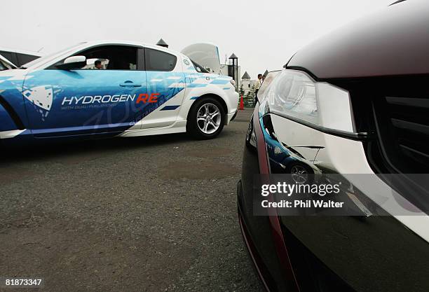 Selection of electric and biofuel cars on display outside the International Media Centre July 09, 2008 in Rusutsu, Hokkaido, Japan. During this 3-day...