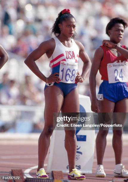 Gail Devers of the USA enroute to winning a gold medal in the women's 100 metres competition during the Summer Olympic Games in Barcelona, circa July...